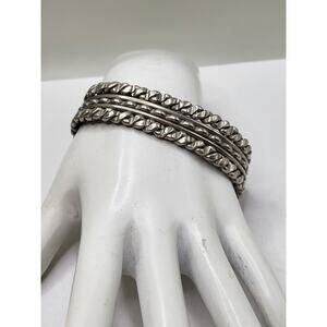 Vintage Heavy Silver Tone Triple Band Textured Metal Cuff Bracelet